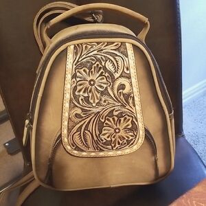 Brown Floral Tooled Leather Backpack